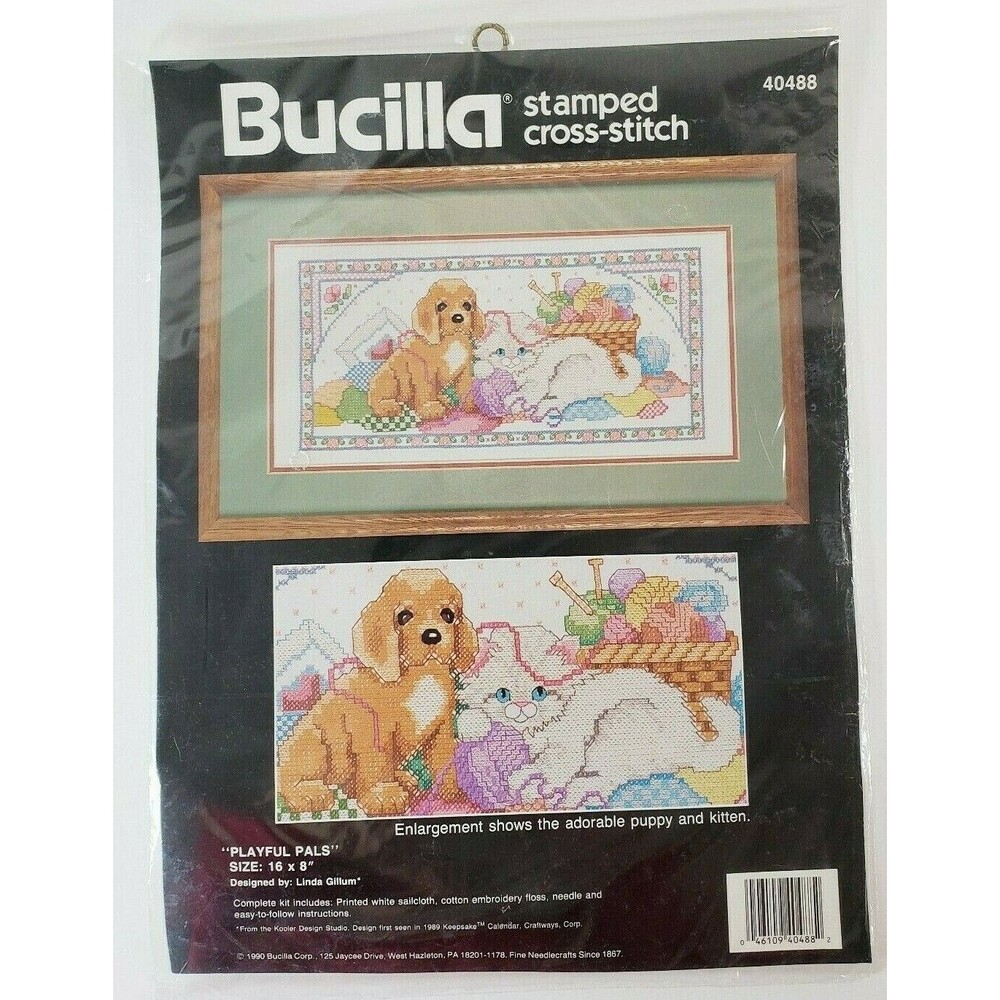 Vtg Bacilla Stamped Cross Stitch #40488 Playful Pals Sampler Puppy Kitten 1990